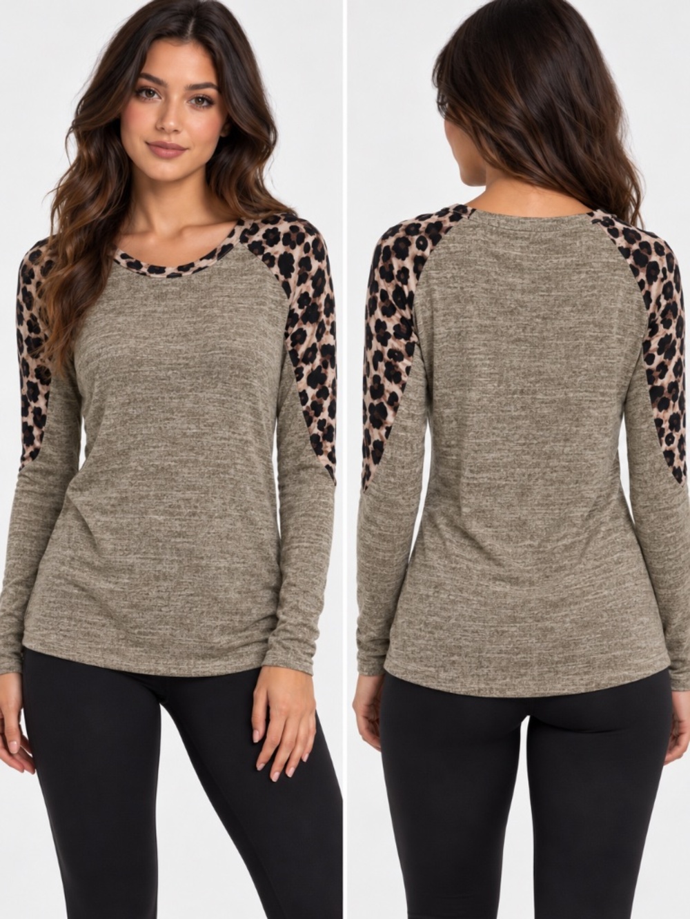 Tan Taupe Leopard Print Long Sleeve Top